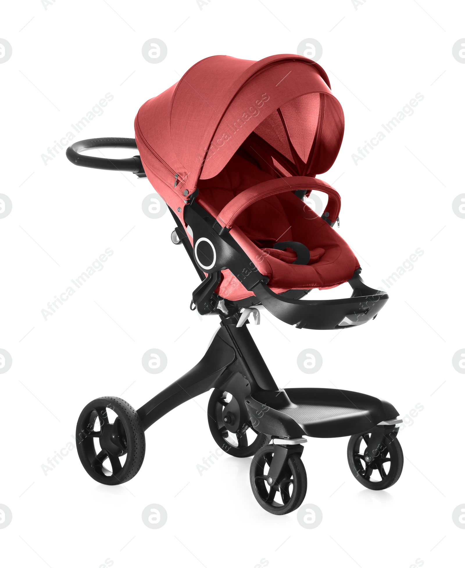 Baby carriage. Modern pram with red canopy isolated on white Image of Baby carriage. Modern pram with red canopy isolated on white
