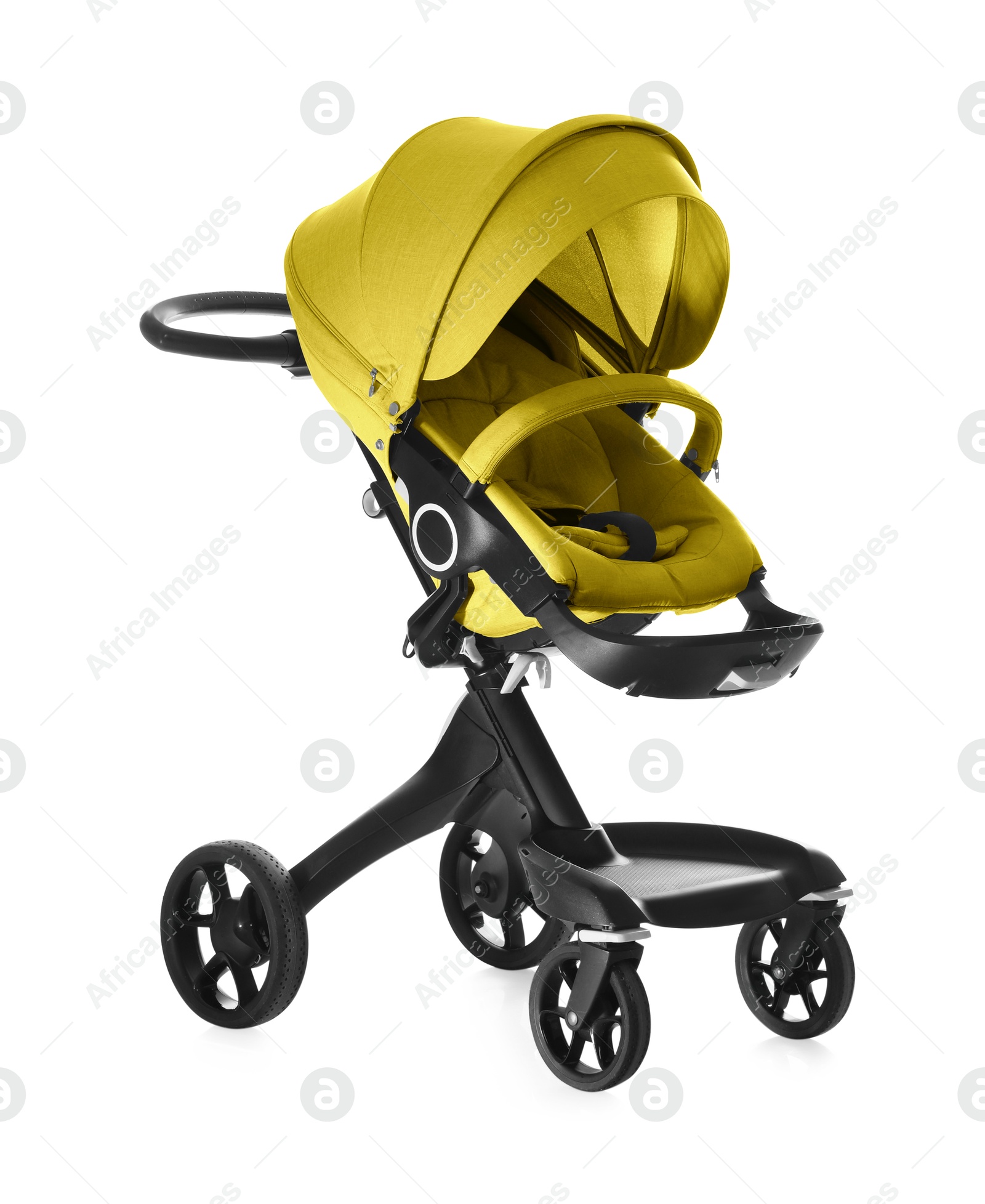 Baby carriage. Modern pram with yellow canopy isolated on white Image of Baby carriage. Modern pram with yellow canopy isolated on white