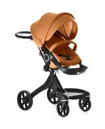 Image of Baby carriage. Modern pram with orange canopy isolated on white