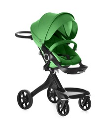 Image of Baby carriage. Modern pram with green canopy isolated on white
