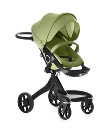 Image of Baby carriage. Modern pram with olive color canopy isolated on white