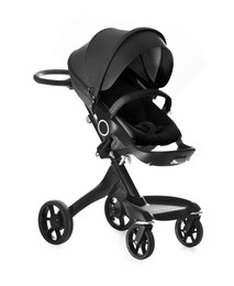 Image of Baby carriage. Modern pram with black canopy isolated on white