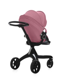 Image of Baby carriage. Modern pram with pink canopy isolated on white