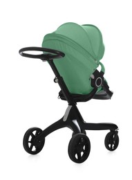 Image of Baby carriage. Modern pram with aquamarine color canopy isolated on white