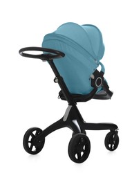 Image of Baby carriage. Modern pram with light blue canopy isolated on white