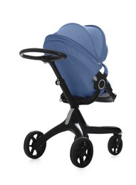 Image of Baby carriage. Modern pram with pale blue canopy isolated on white