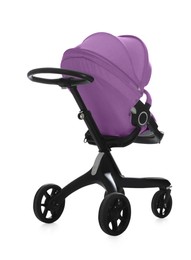 Image of Baby carriage. Modern pram with violet canopy isolated on white