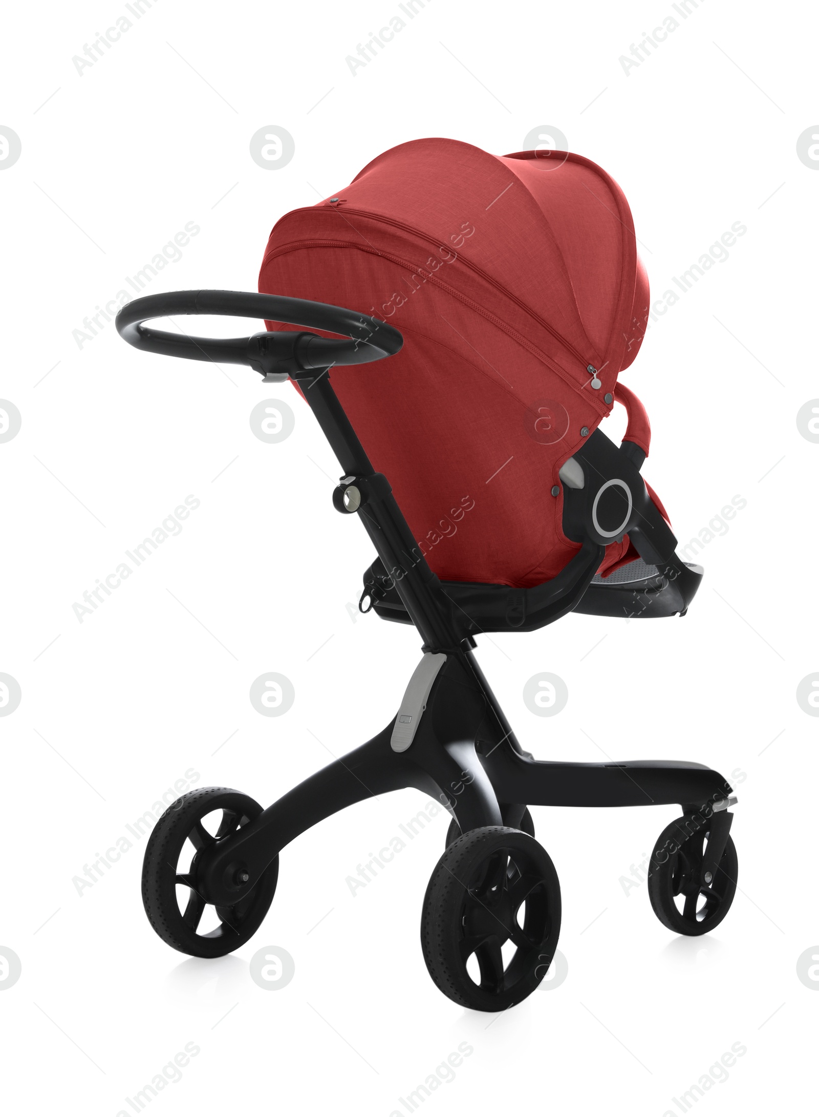 Baby carriage. Modern pram with red canopy isolated on white Image of Baby carriage. Modern pram with red canopy isolated on white
