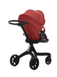 Image of Baby carriage. Modern pram with red canopy isolated on white