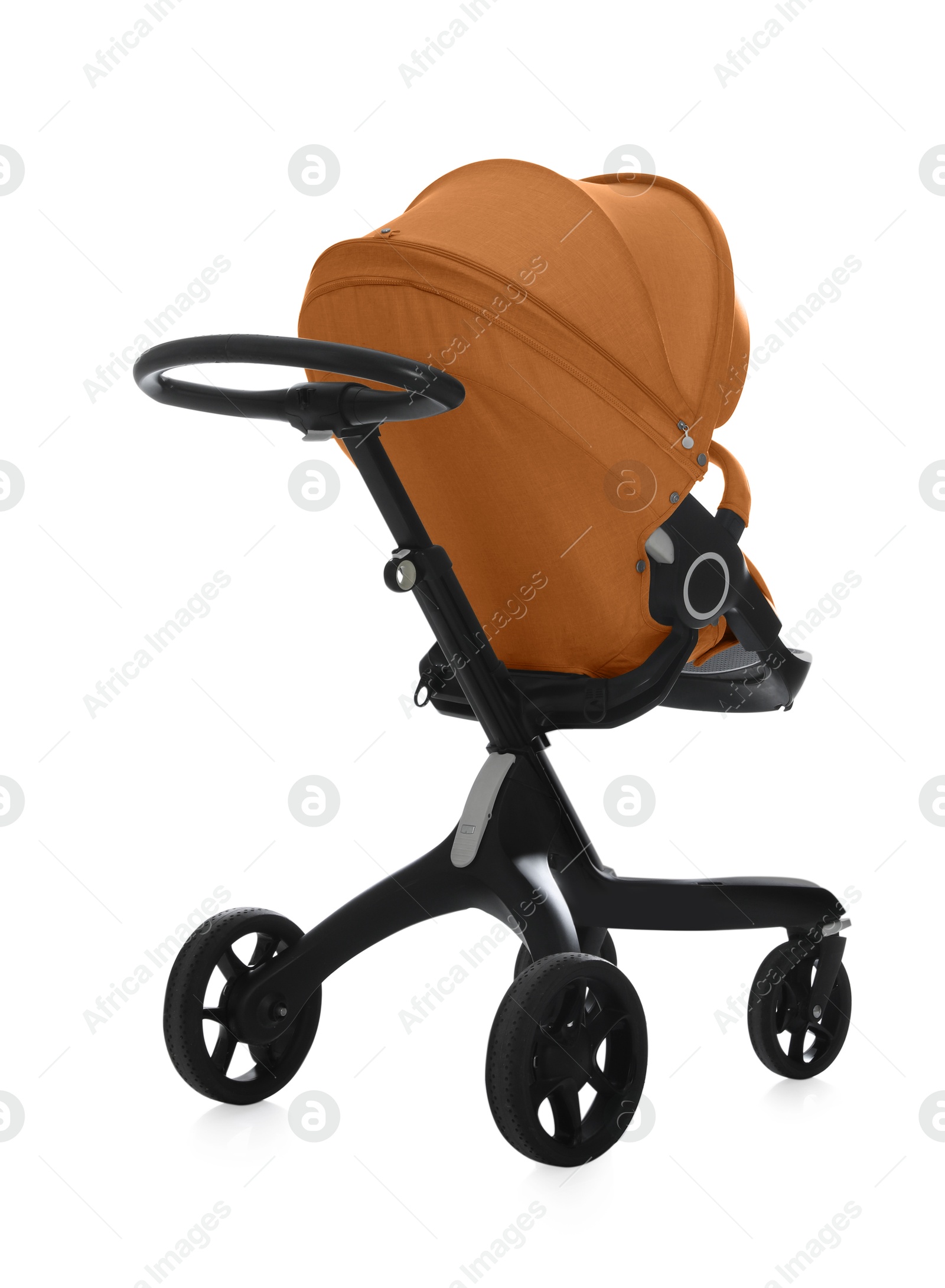 Baby carriage. Modern pram with orange canopy isolated on white Image of Baby carriage. Modern pram with orange canopy isolated on white