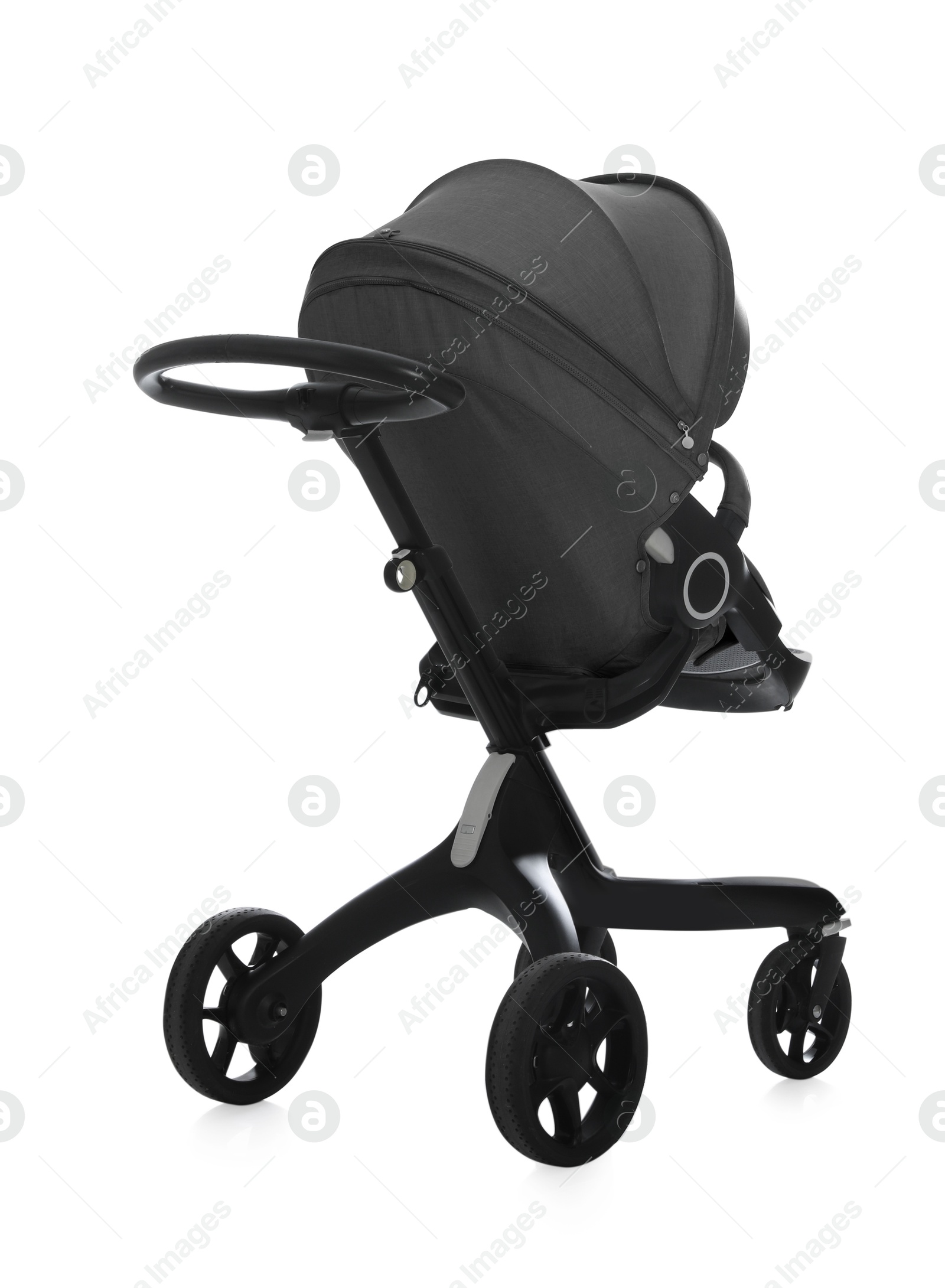 Baby carriage. Modern pram with black canopy isolated on white Image of Baby carriage. Modern pram with black canopy isolated on white