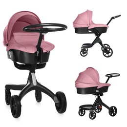 Image of Baby carriage. Modern pram with pink canopy isolated on white, different sides