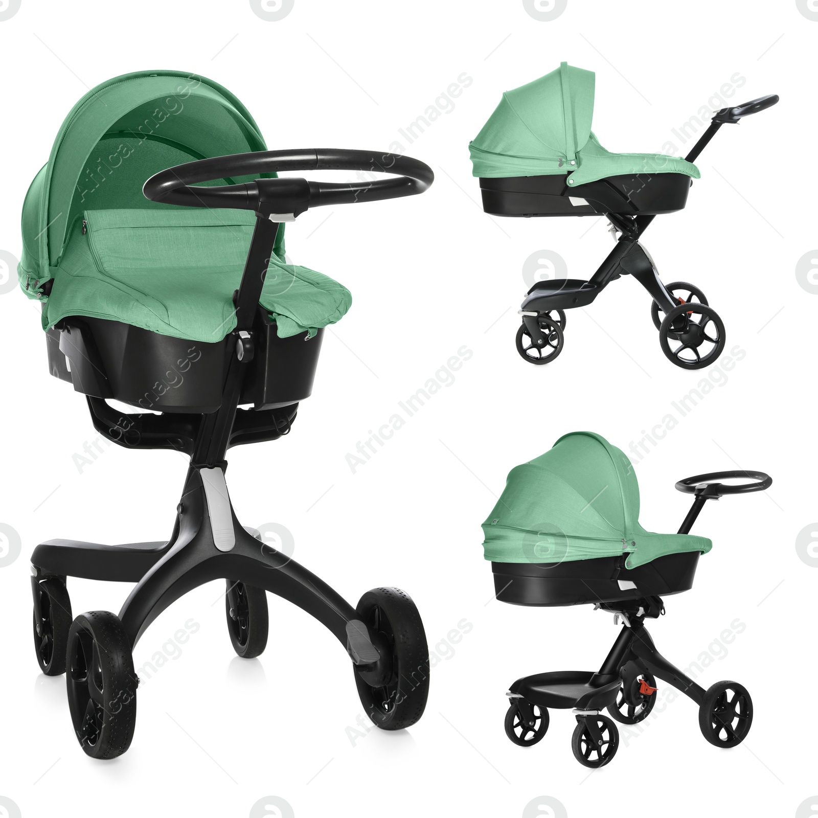 Baby carriage. Modern pram with aquamarine color canopy isolated on white, different sides Image of Baby carriage. Modern pram with aquamarine color canopy isolated on white, different sides
