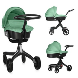Image of Baby carriage. Modern pram with aquamarine color canopy isolated on white, different sides
