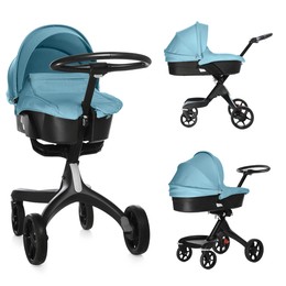 Image of Baby carriage. Modern pram with light blue canopy isolated on white, different sides