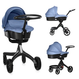 Image of Baby carriage. Modern pram with pale blue canopy isolated on white, different sides