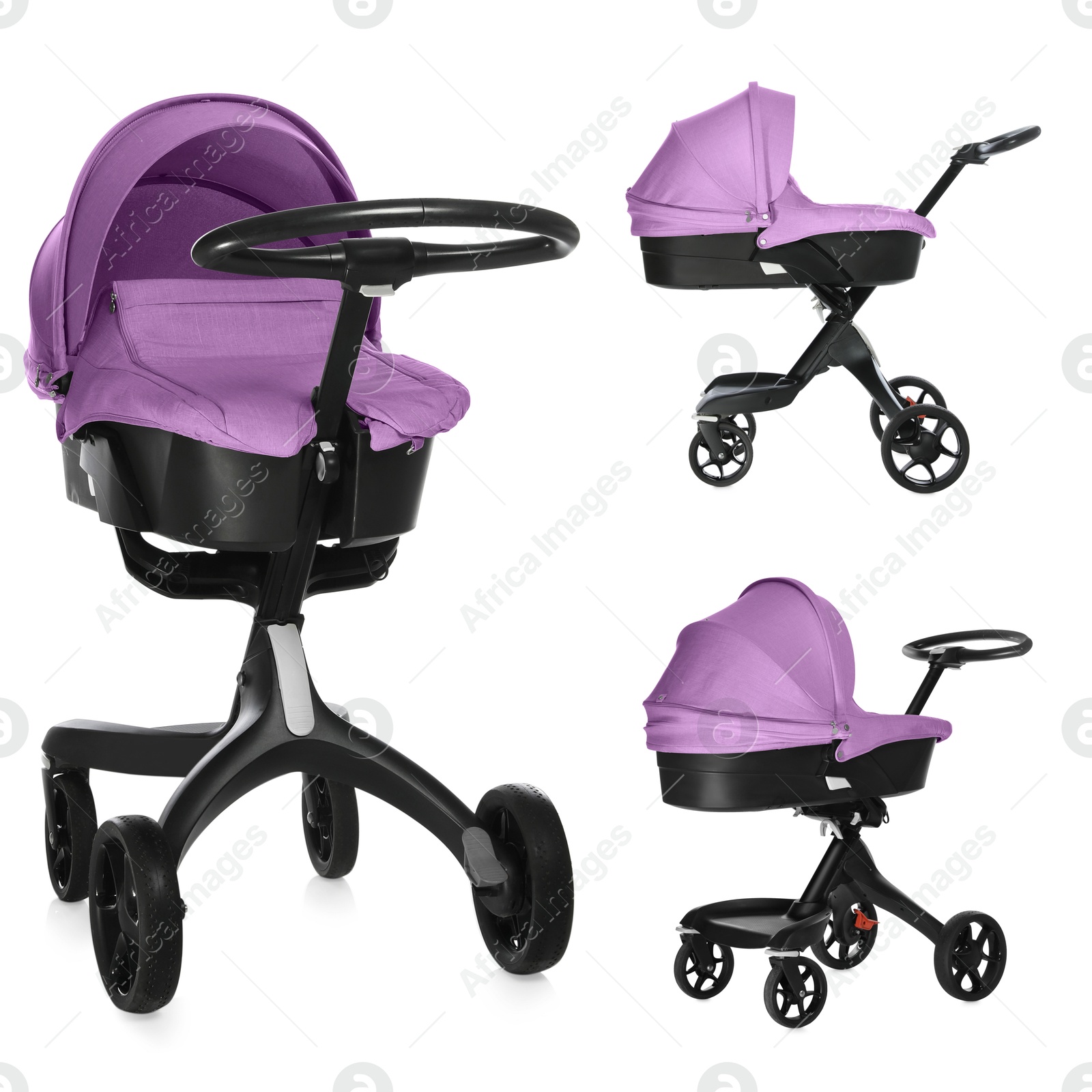 Baby carriage. Modern pram with violet canopy isolated on white, different sides Image of Baby carriage. Modern pram with violet canopy isolated on white, different sides