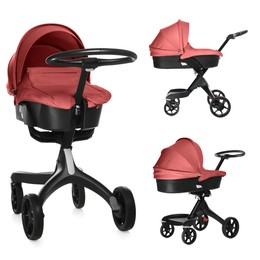 Image of Baby carriage. Modern pram with red canopy isolated on white, different sides