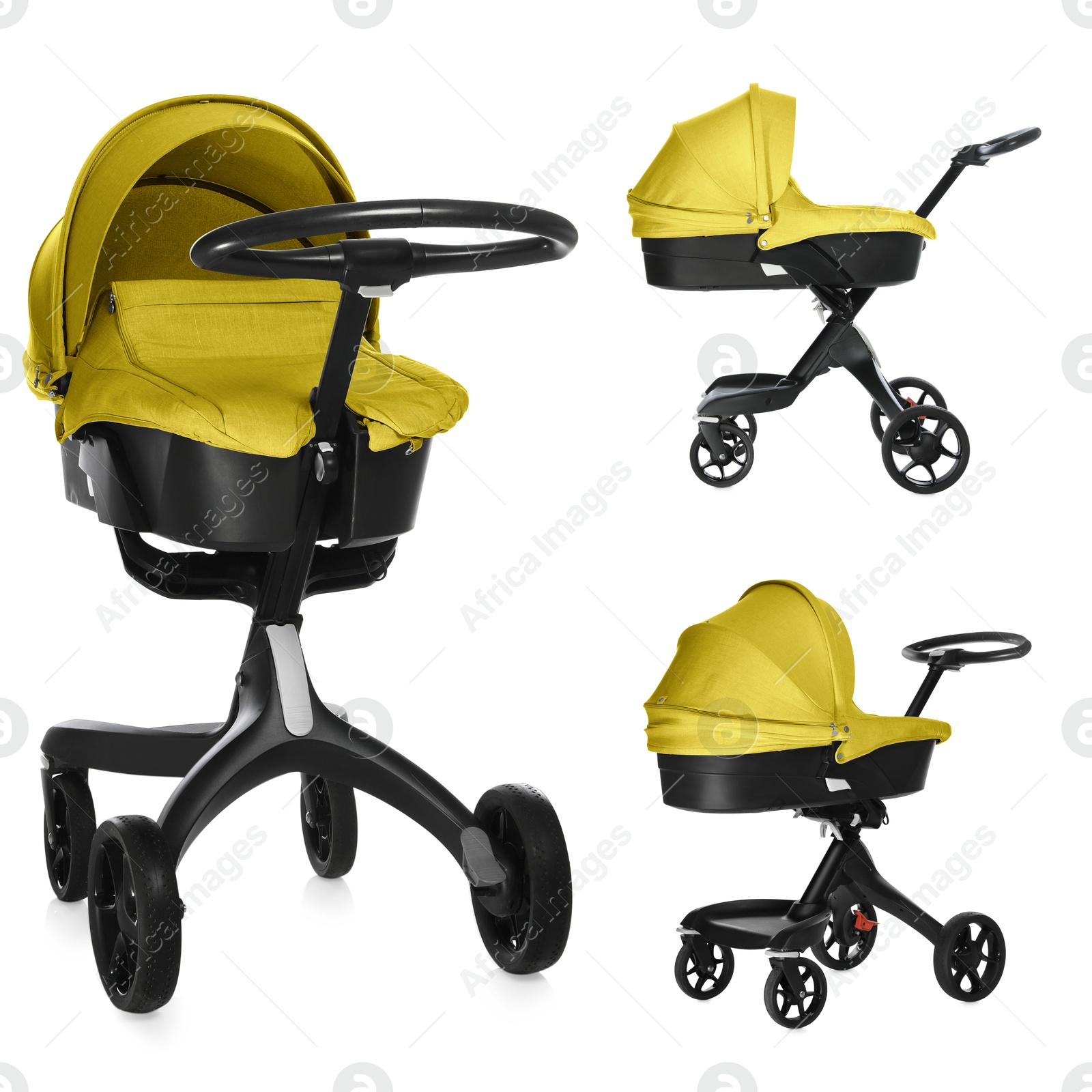 Baby carriage. Modern pram with yellow canopy isolated on white, different sides Image of Baby carriage. Modern pram with yellow canopy isolated on white, different sides