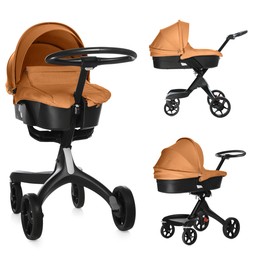 Image of Baby carriage. Modern pram with orange canopy isolated on white, different sides