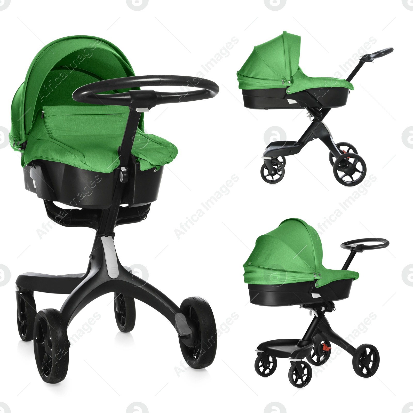 Baby carriage. Modern pram with green canopy isolated on white, different sides Image of Baby carriage. Modern pram with green canopy isolated on white, different sides