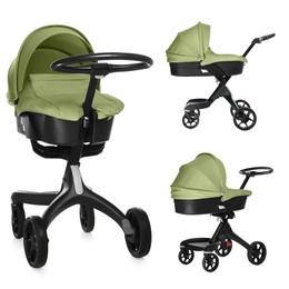 Image of Baby carriage. Modern pram with olive color canopy isolated on white, different sides