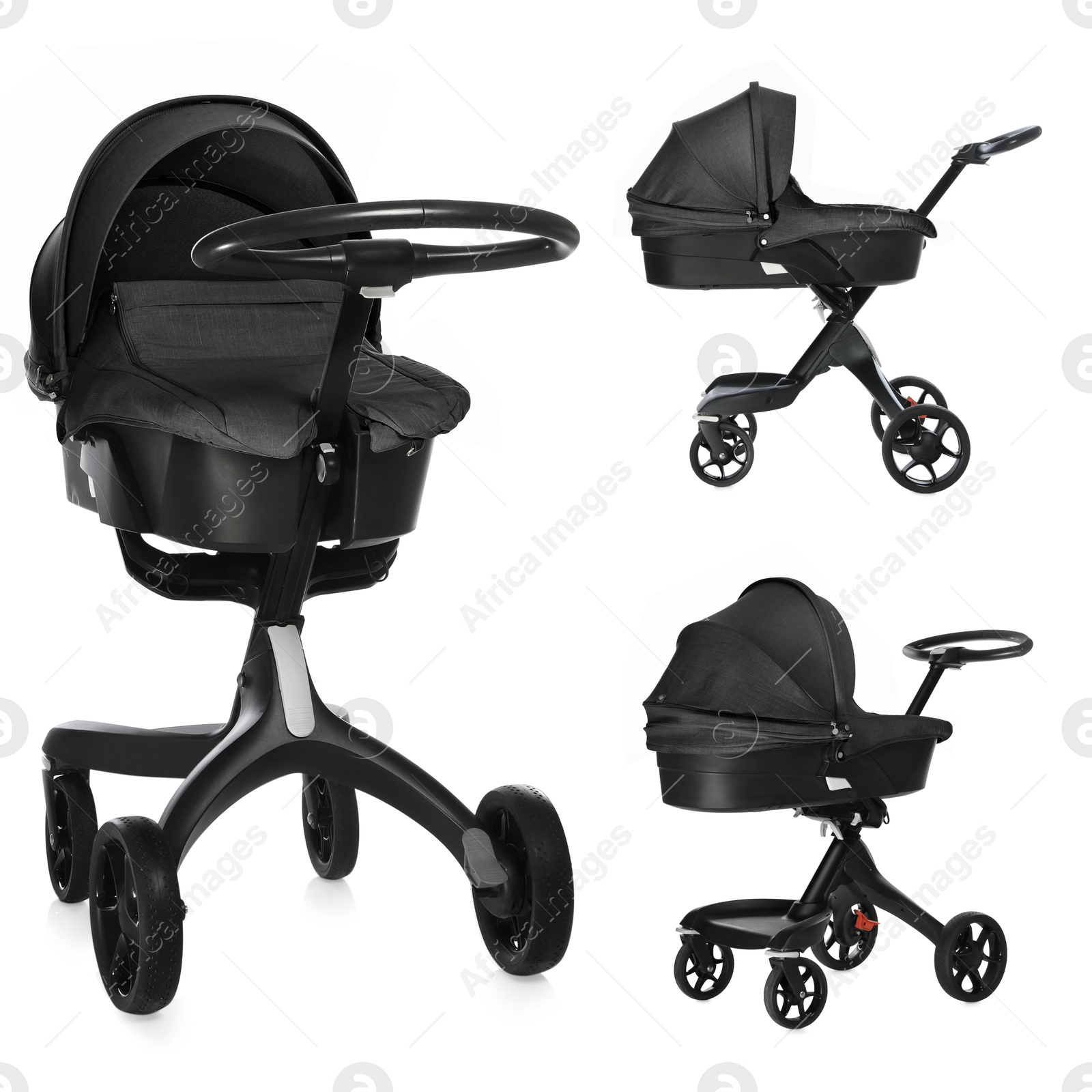 Baby carriage. Modern pram with black canopy isolated on white, different sides Image of Baby carriage. Modern pram with black canopy isolated on white, different sides