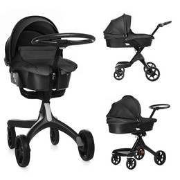 Image of Baby carriage. Modern pram with black canopy isolated on white, different sides