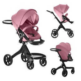 Image of Baby carriage. Modern pram with pink canopy isolated on white, different sides