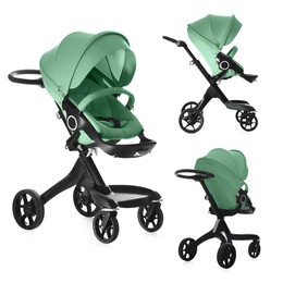 Image of Baby carriage. Modern pram with aquamarine color canopy isolated on white, different sides