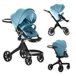 Image of Baby carriage. Modern pram with light blue canopy isolated on white, different sides