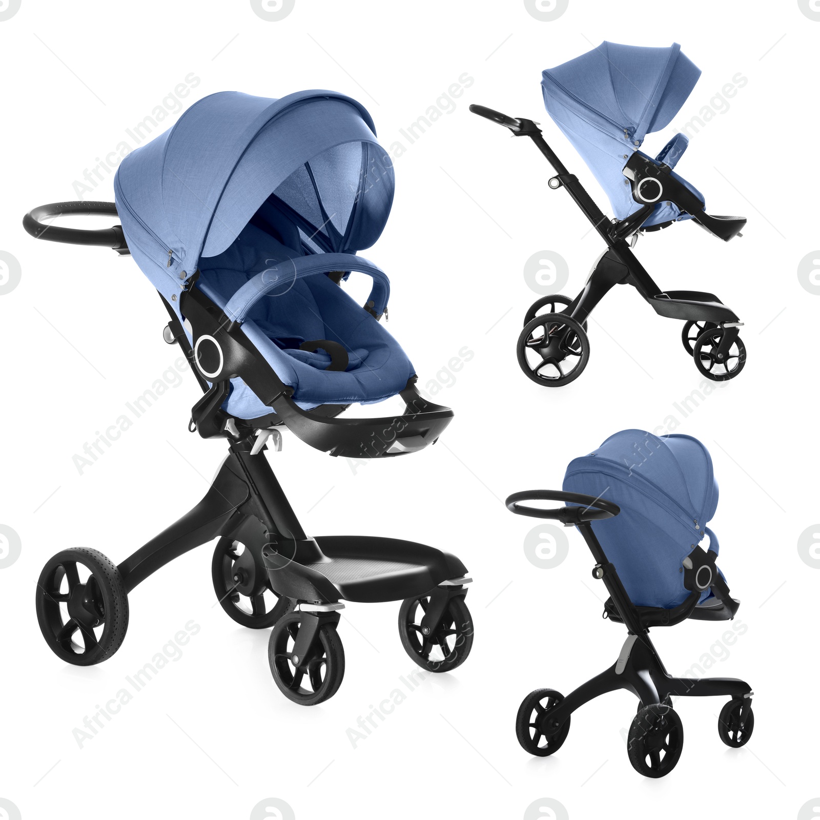 Baby carriage. Modern pram with pale blue canopy isolated on white, different sides Image of Baby carriage. Modern pram with pale blue canopy isolated on white, different sides