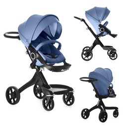 Image of Baby carriage. Modern pram with pale blue canopy isolated on white, different sides