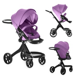 Image of Baby carriage. Modern pram with violet canopy isolated on white, different sides