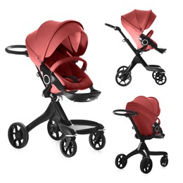 Image of Baby carriage. Modern pram with red canopy isolated on white, different sides