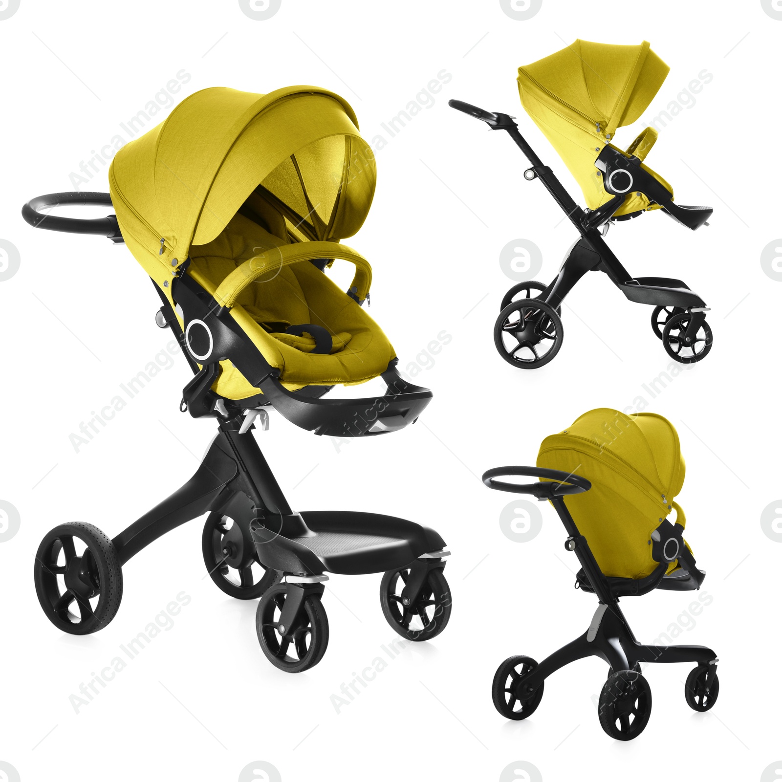 Baby carriage. Modern pram with yellow canopy isolated on white, different sides Image of Baby carriage. Modern pram with yellow canopy isolated on white, different sides