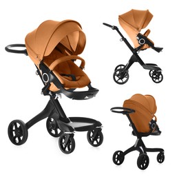 Image of Baby carriage. Modern pram with orange canopy isolated on white, different sides