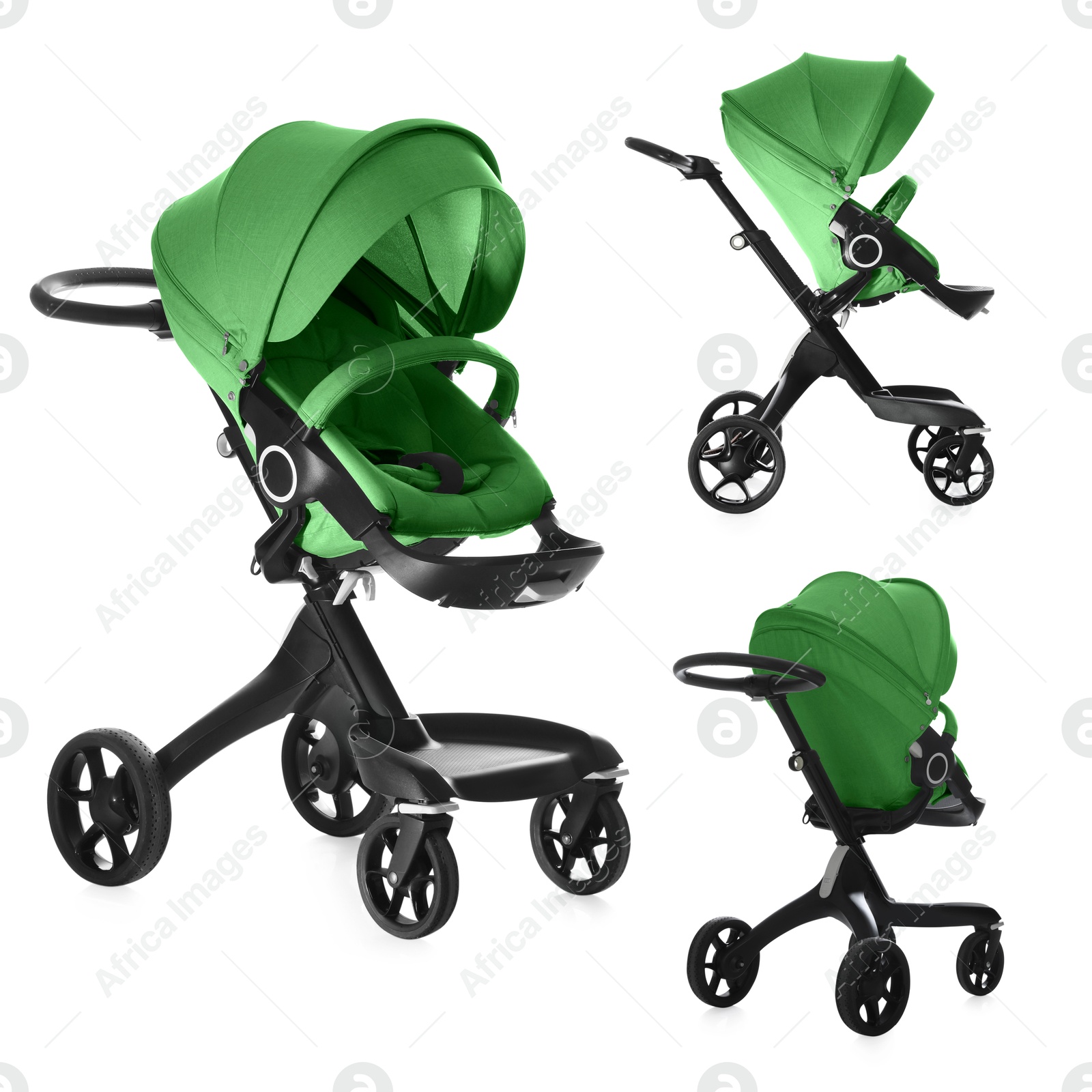 Baby carriage. Modern pram with green canopy isolated on white, different sides Image of Baby carriage. Modern pram with green canopy isolated on white, different sides