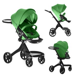 Image of Baby carriage. Modern pram with green canopy isolated on white, different sides