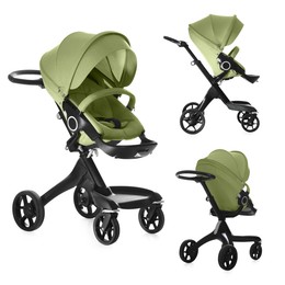Image of Baby carriage. Modern pram with olive color canopy isolated on white, different sides