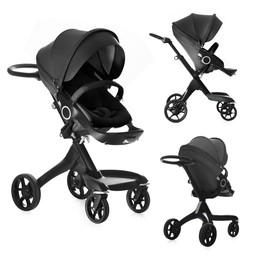 Image of Baby carriage. Modern pram with black canopy isolated on white, different sides