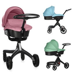 Image of Baby carriage. Modern prams in different colors isolated on white, different sides