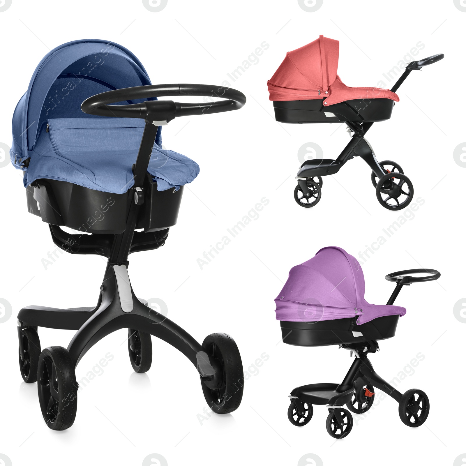 Image of Baby carriage. Modern prams in different colors isolated on white, different sides