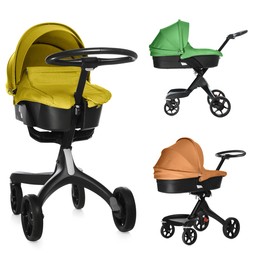 Image of Baby carriage. Modern prams in different colors isolated on white, different sides