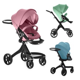 Image of Baby carriage. Modern prams in different colors isolated on white, different sides