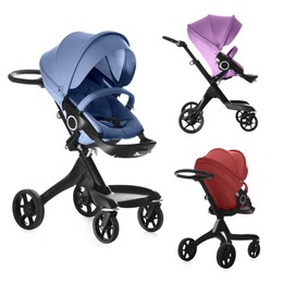 Image of Baby carriage. Modern prams in different colors isolated on white, different sides