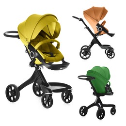 Image of Baby carriage. Modern prams in different colors isolated on white, different sides