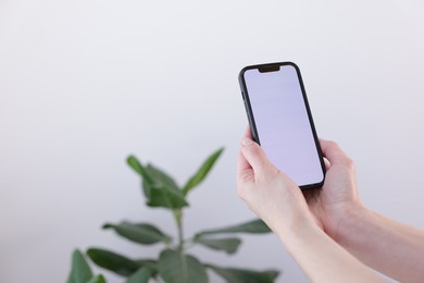 Photo of Woman holding smartphone with blank screen on blurred background, closeup. Mockup for design