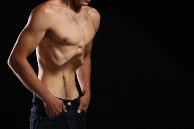 Photo of Man suffering from anorexia on black background, closeup. Space for text