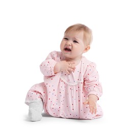 Photo of Cute little baby girl crying on white background